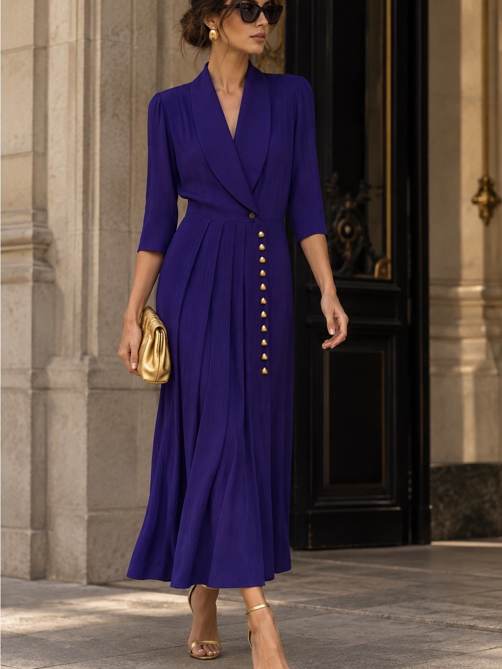 Vintage Nina Piccalino Royal Purple Maxi Dress with Gold Buttons